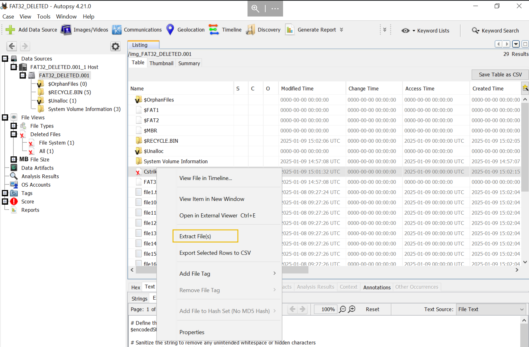Autopsy: Main - Data Sources - Listing - Extract File