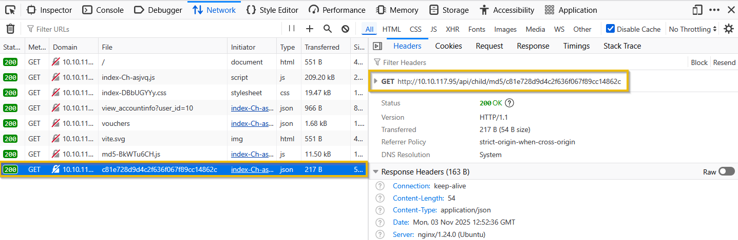 API child endpoint using md5 hashing