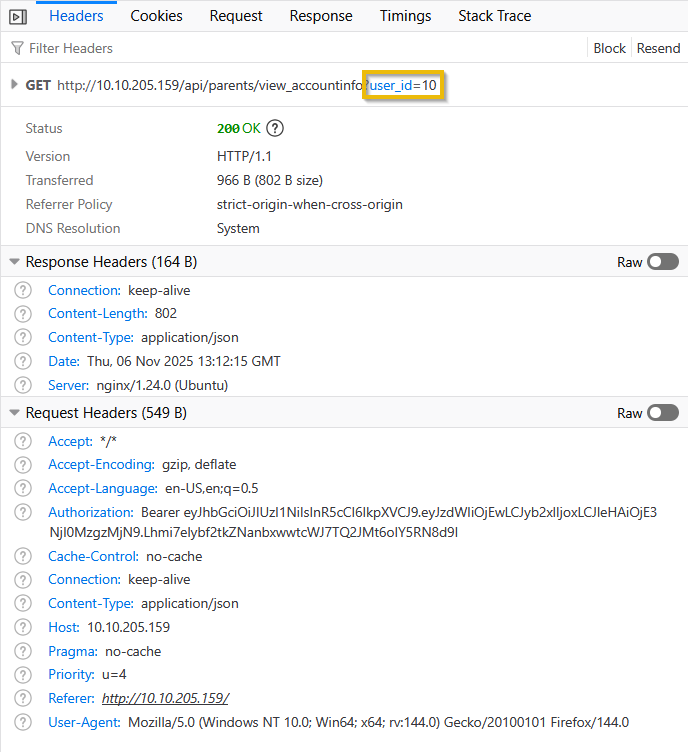 Developer tools: view_accountinfo request header