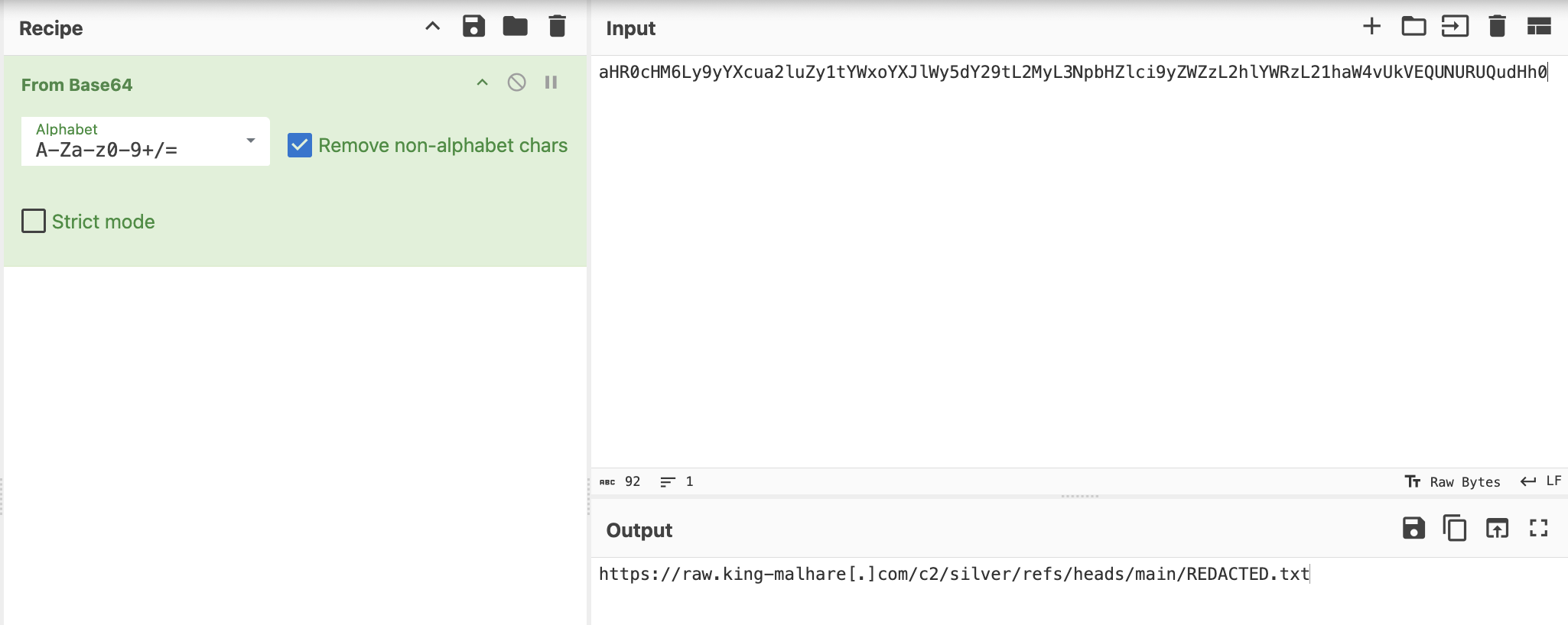 The CyberChef web app showing the decoding of the Base64 encoded code.