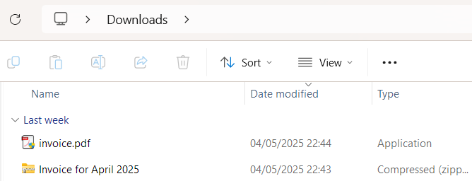 File Explorer showing a malicious "invoice.pdf.exe" executable resembling a legitimate PDF file
