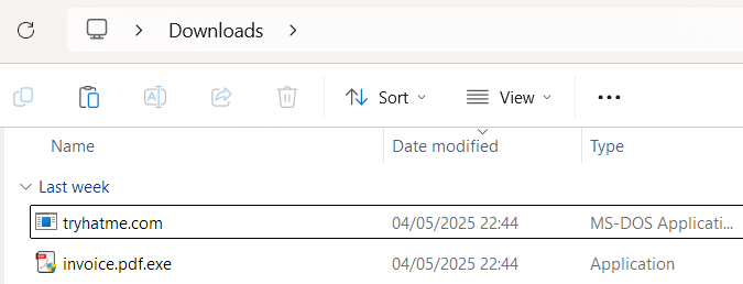 File Explorer showing a malicious "tryhatme.com" executable resembling a website name