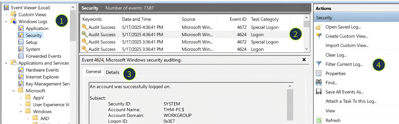 Event Viewer window with four highlighted panels - log sources, list of logs, log details, and filters menu