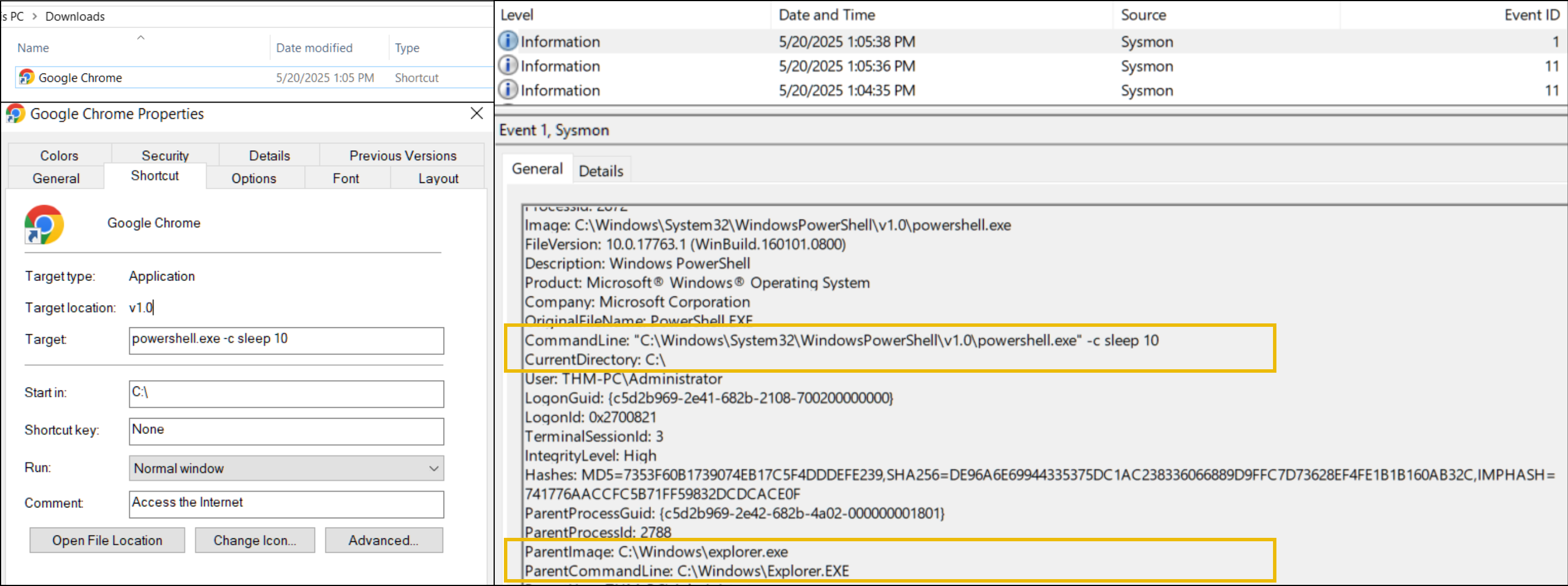 Event Viewer screenshot showing that LNK execution is not logged, and malicious PowerShell commands will have the "explorer.exe" parent