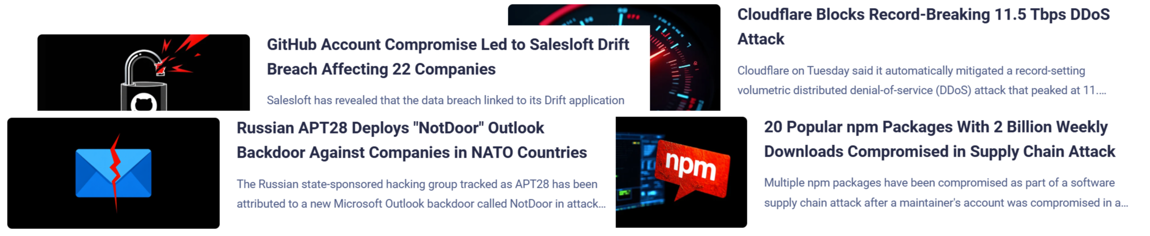 Four screenshots of recent cyber incidents: record-breaking DDoS attacks, campaigns against NATO countries, supply chain attacks, and SaaS compromises leading to data leaks.