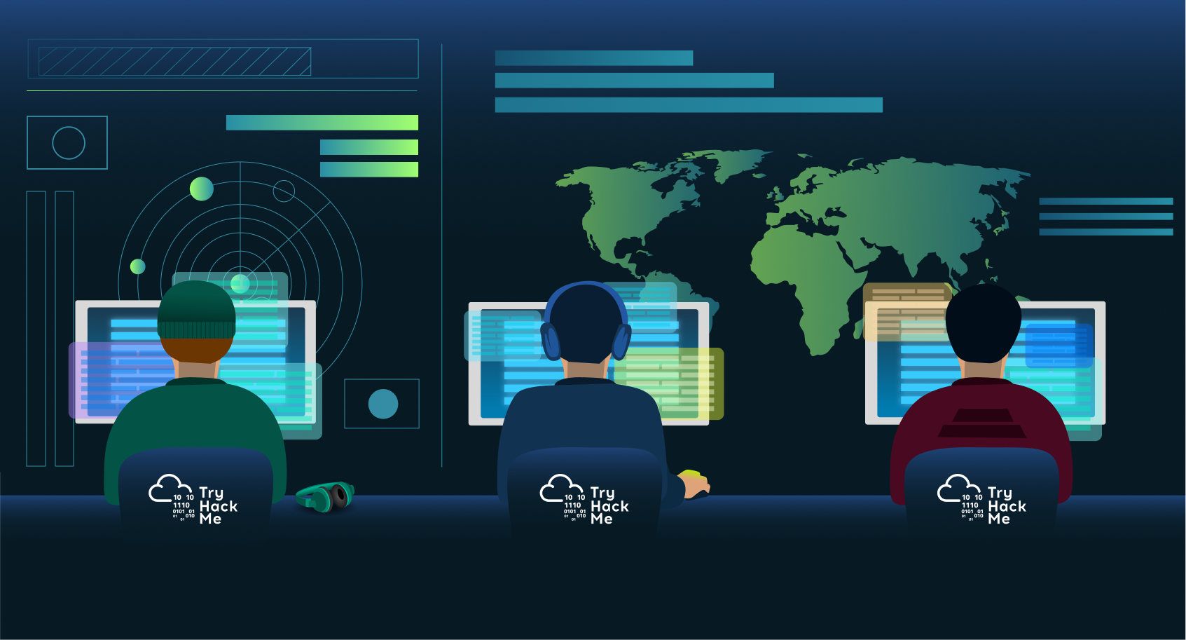Three junior analysts looking at their screens. The background is full of charts, worldmaps, and other visualizations.