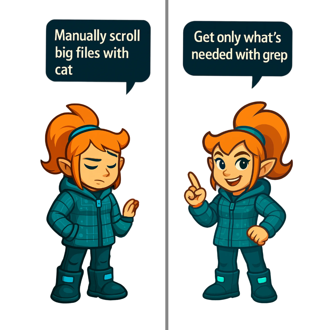 Two cartoon versions of McSkidy. On the left, she looks frustrated with a speech bubble saying, "Manually scroll big files with cat." On the right, she appears cheerful and points upward with a speech bubble saying, "Get only what’s needed with grep."