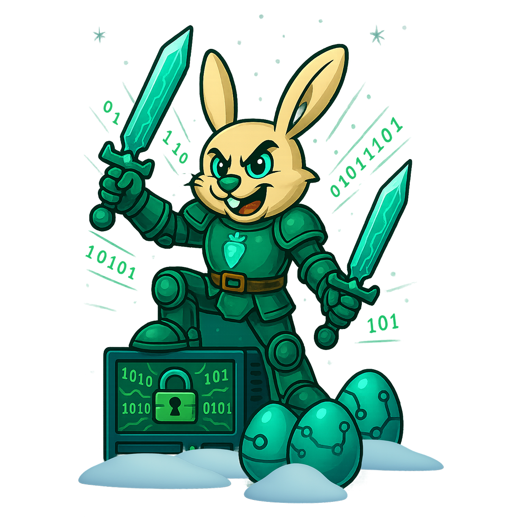 Sir Carrotbane dressed as a cyber-themed knight, holding two glowing swords. It stands on an encrypted-looking device displaying a lock icon, surrounded by binary code and two glowing, circuit-patterned eggs.