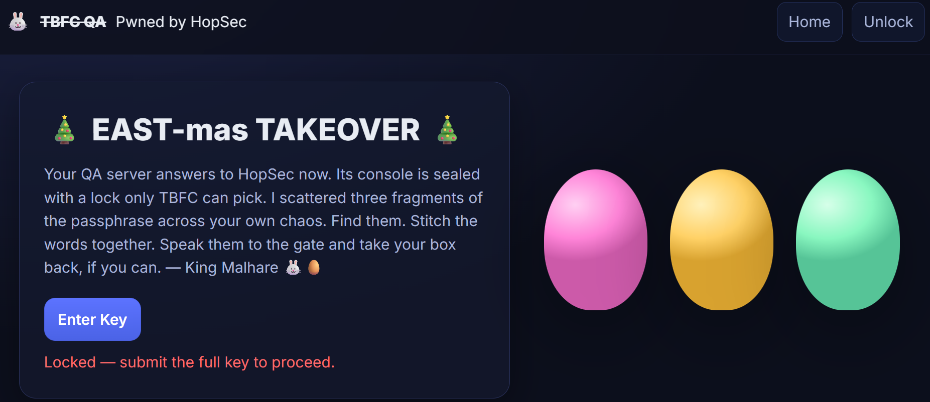 A screenshot from the tbfc-qa server, where evil bunnies left the "pwned" message.