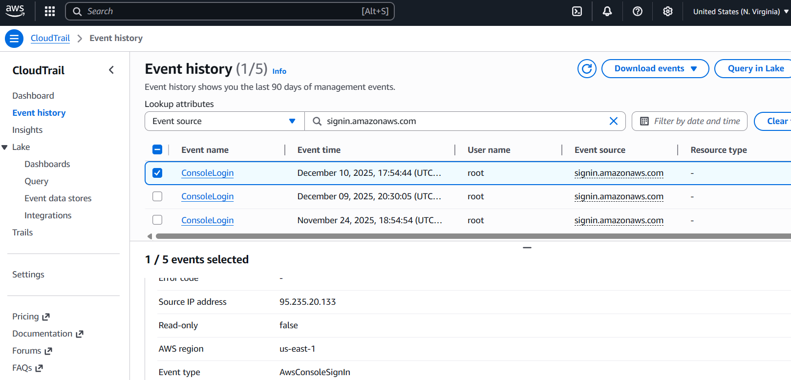 CloudTrail event history menu showing multiple ConsoleLogin events.