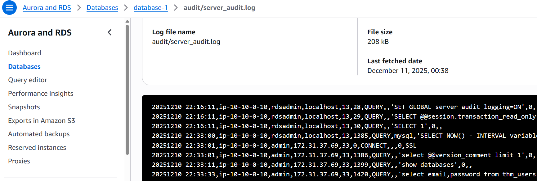 AWS RDS console displaying a database audit log file (server_audit.log), with database logins and row SQL queries visible in logs. The last query states "SELECT email,password FROM thm_users" and may indicate data exfiltration.