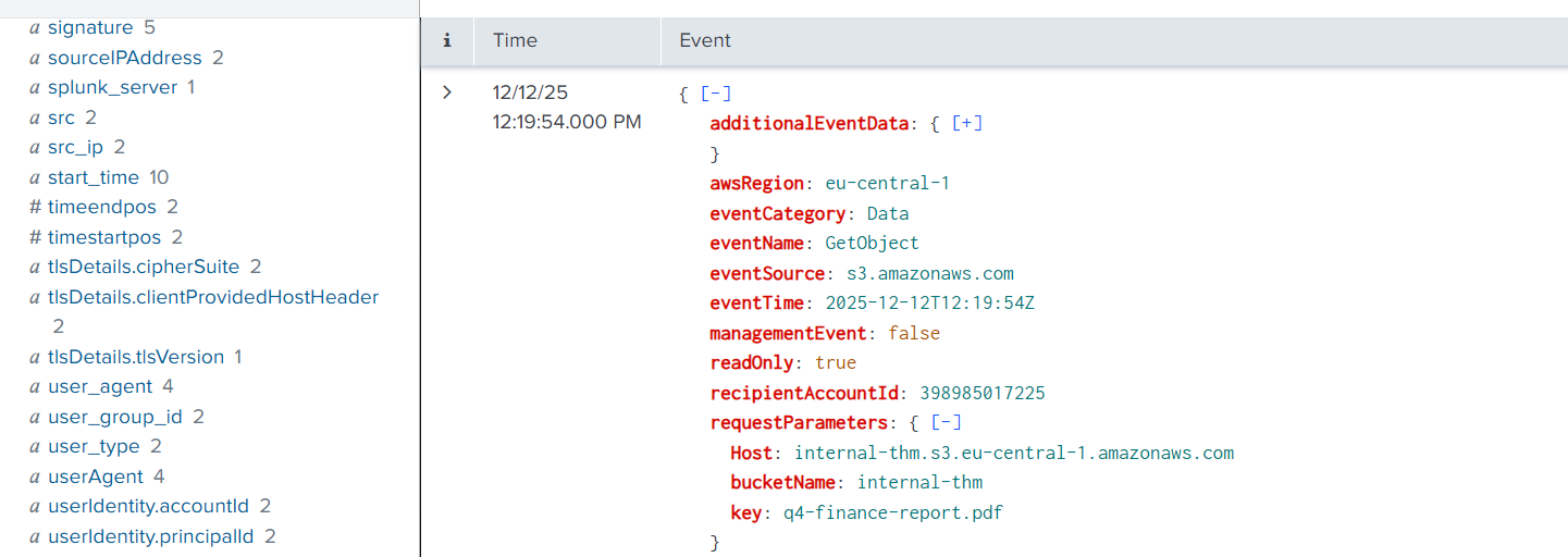 A screenshot from Splunk showing S3 data events. The events are in JSON format and closely resemble CloudTrail logs.