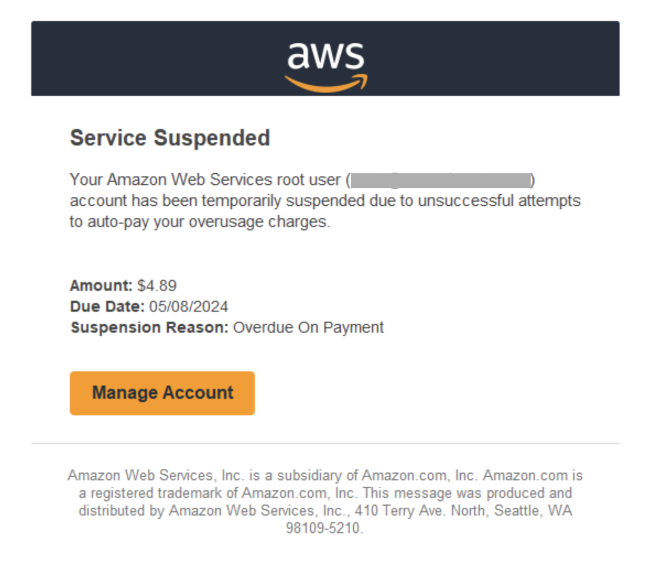 Screenshot from Wiz blogpost of a phishing email styled as an AWS notification claiming Service Suspended due to overdue payment, showing an amount, due date, and a Manage Account button.