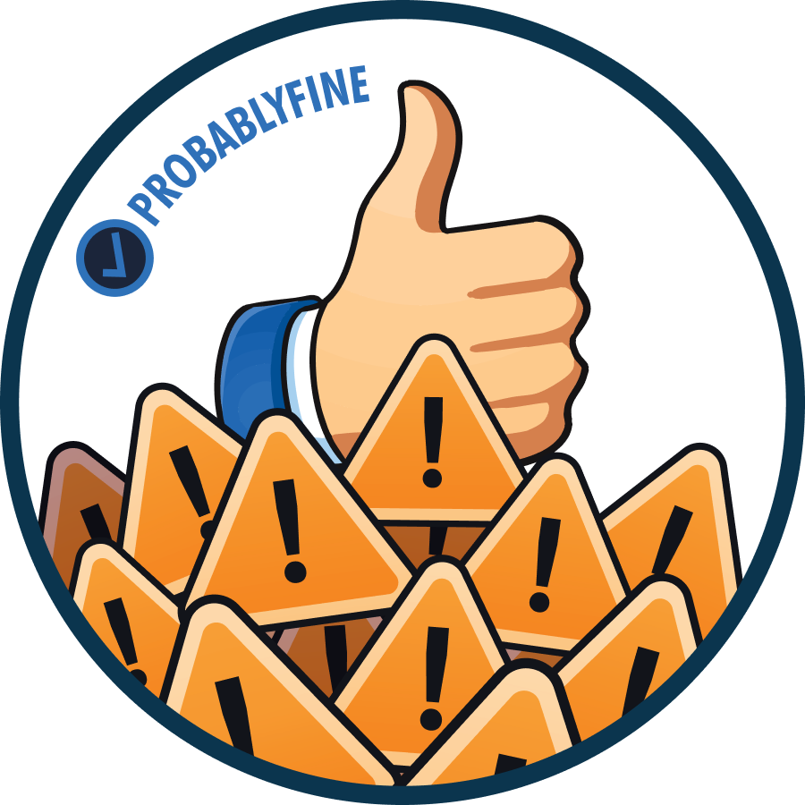 Illustration showing a thumbs-up hand emerging above multiple warning signs (SOC alerts), overlaid with a "ProbablyFine" logo.
