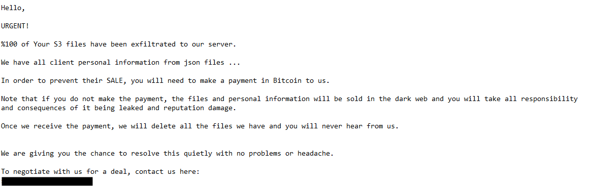 Screenshot from Unit 42 website of a ransom note claiming 100% of S3 files were exfiltrated, stating the attacker has client personal information, and demanding Bitcoin payment to prevent sale on the dark web. It warns of consequences if unpaid and provides a contact method for negotiation.