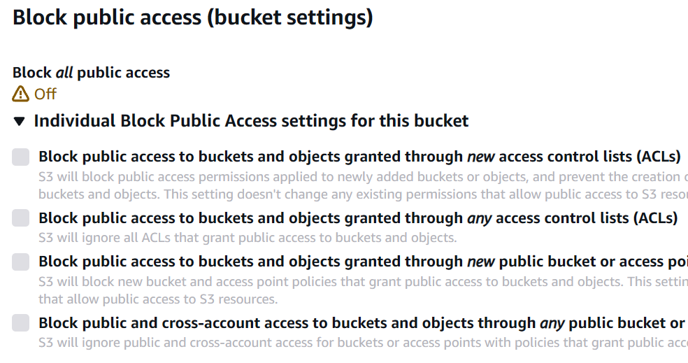 Screenshot of the Amazon S3 "Block Public Access" settings for a bucket, showing public access disabled and individual block options unchecked to allow public reads.