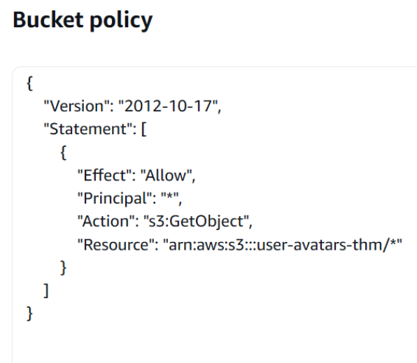 Screenshot of an S3 bucket policy editor displaying a JSON policy that allows public s3:GetObject access to all objects in the user-avatars-thm bucket.