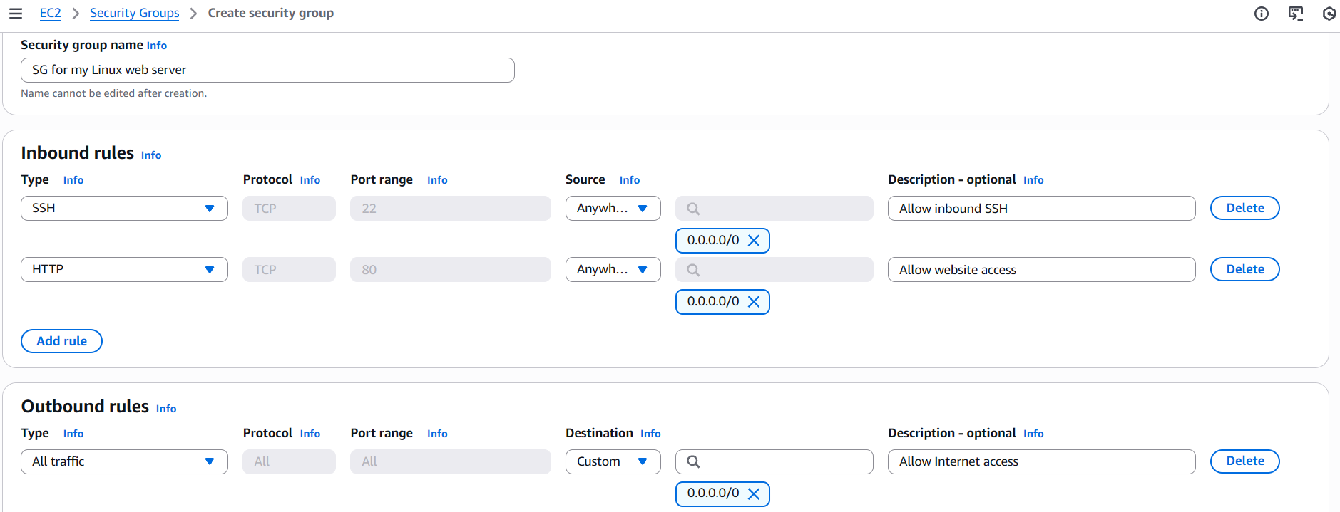 Screenshot of the AWS EC2 Create Security Group page showing inbound rules that allow SSH (port 22) and HTTP (port 80) access from any IP address (0.0.0.0/0) for a Linux web server.