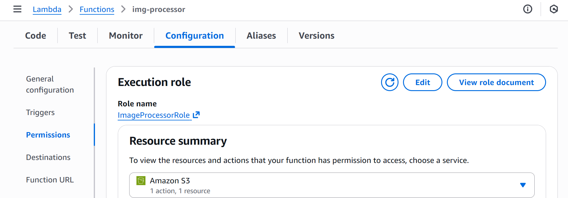 Screenshot of the AWS Lambda console showing the Configuration → Permissions page for the img-processor function, highlighting the execution role (ImageProcessorRole) and its resource summary, including Amazon S3 permissions granted via the role.