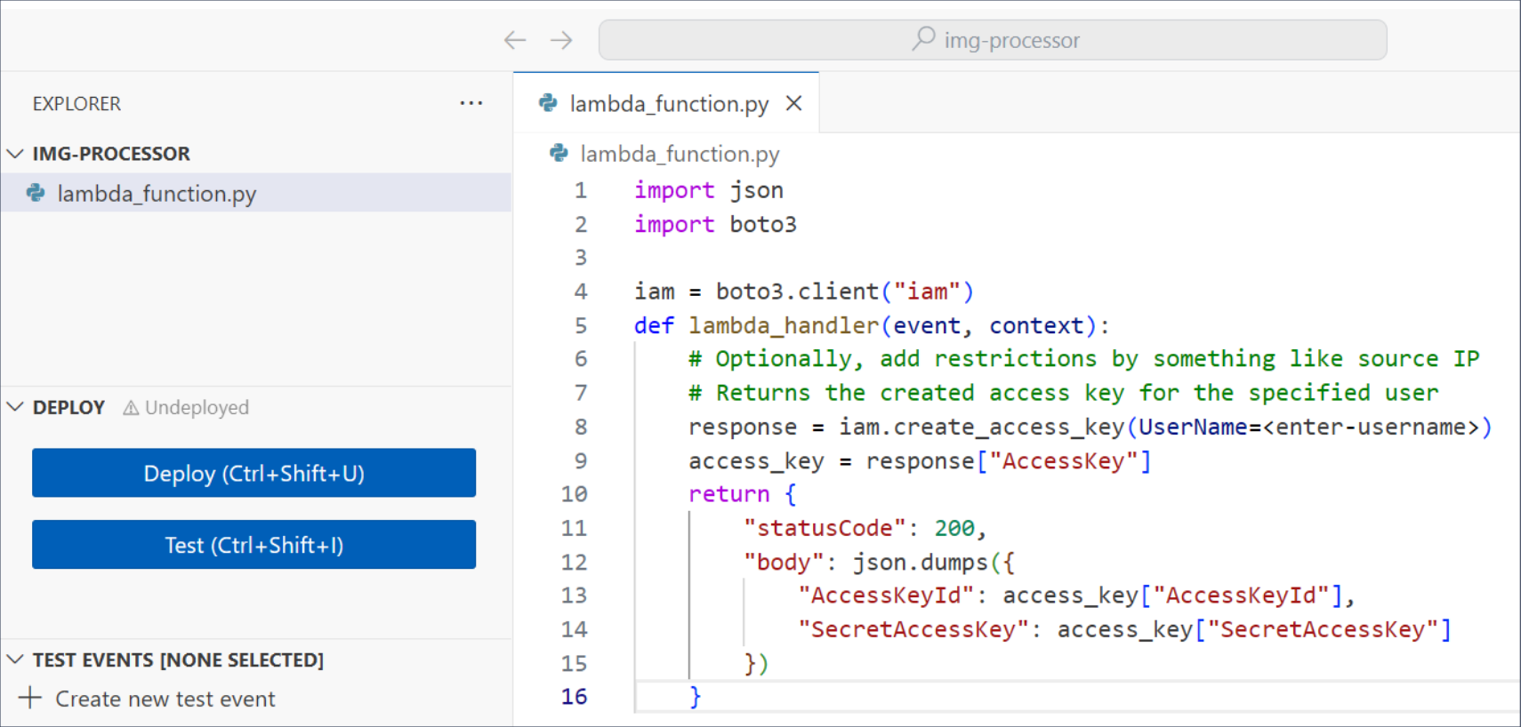 Python code inside a Lambda function that generates IAM access keys upon function trigger.