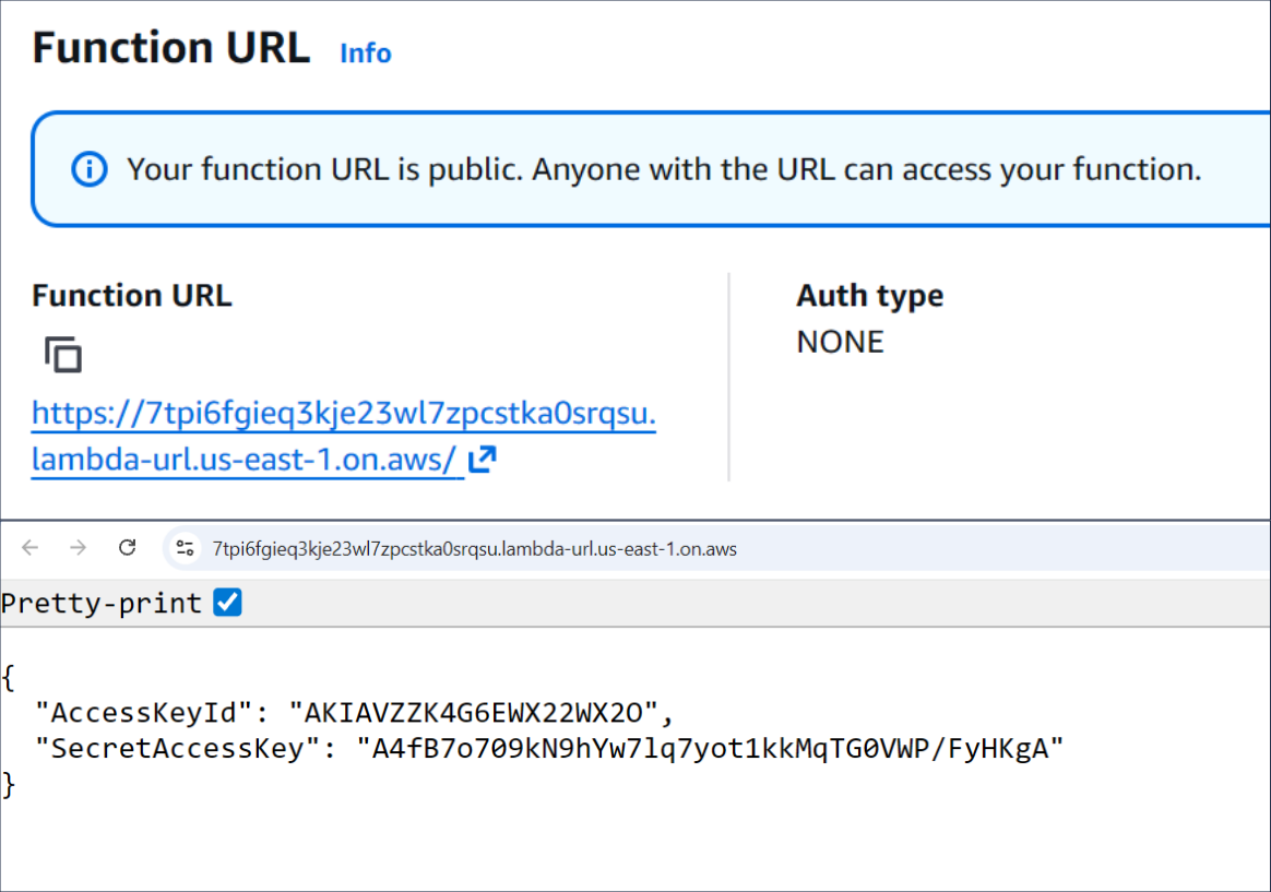 Screenshot of an AWS Lambda Function URL configuration showing the function is public with no authentication and can be accessed through the browser to generate new IAM access keys.