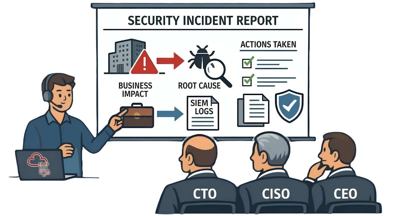 SOC analyst presents a Security Incident Report to executives (CTO, CISO, CEO), showing business impact, root cause analysis, SIEM logs, and actions taken to resolve the security incident.
