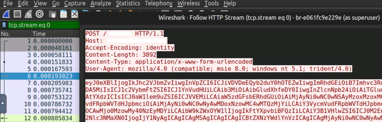 Wireshark screenshot showing C2 communication over plain HTTP.