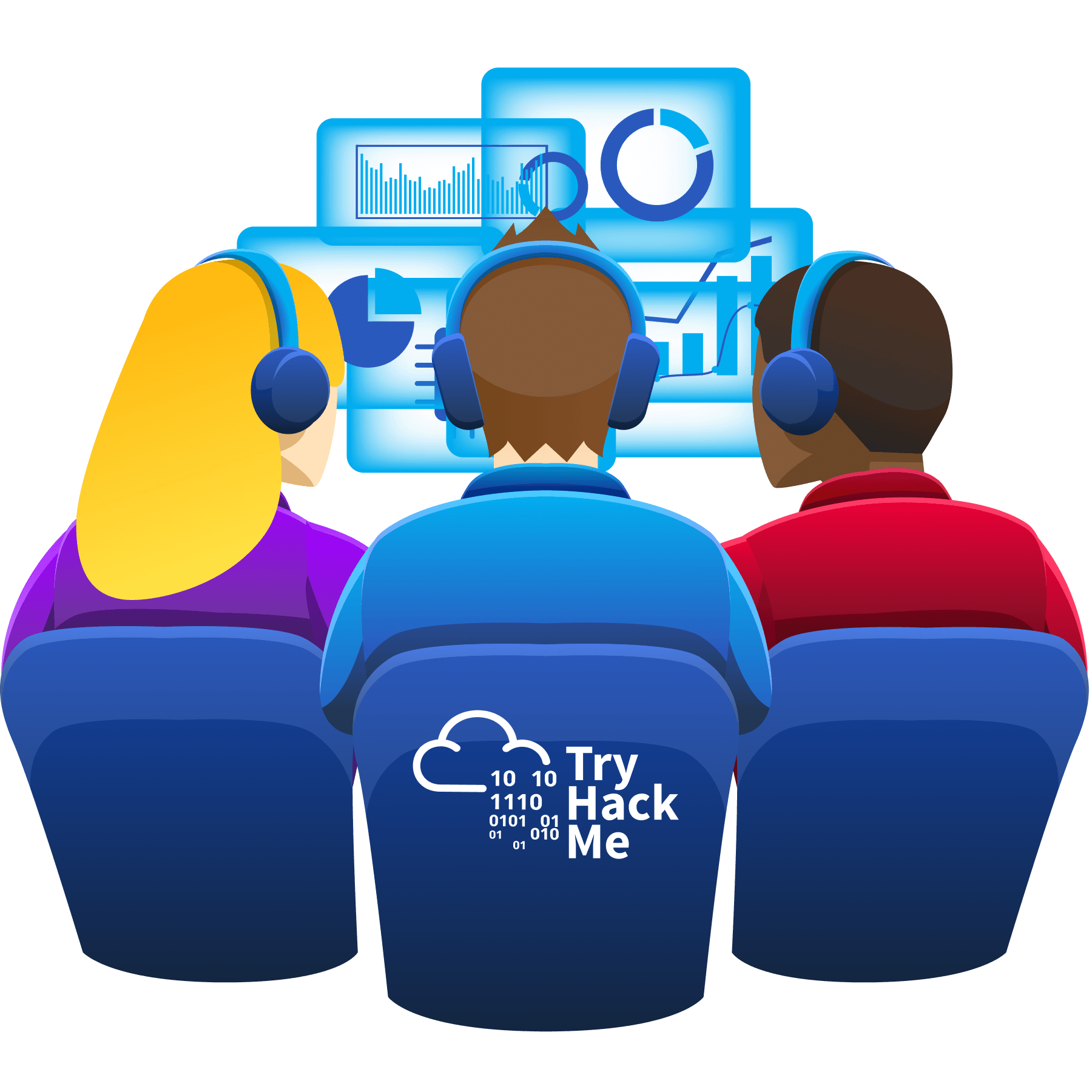 Illustration of three SOC analysts wearing headsets, seated at a security operations center monitoring screens with charts and data.