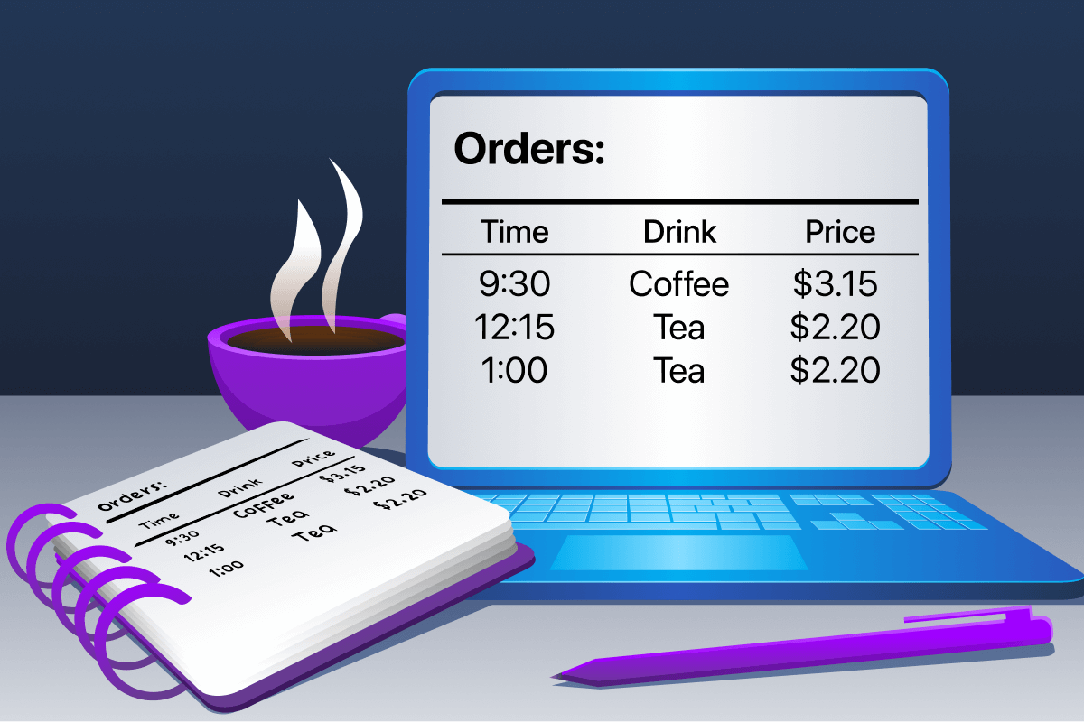 A café notebook with handwritten drink orders and an arrow pointing to a laptop displaying the same data organized in a database table with Time, Drink, and Price columns