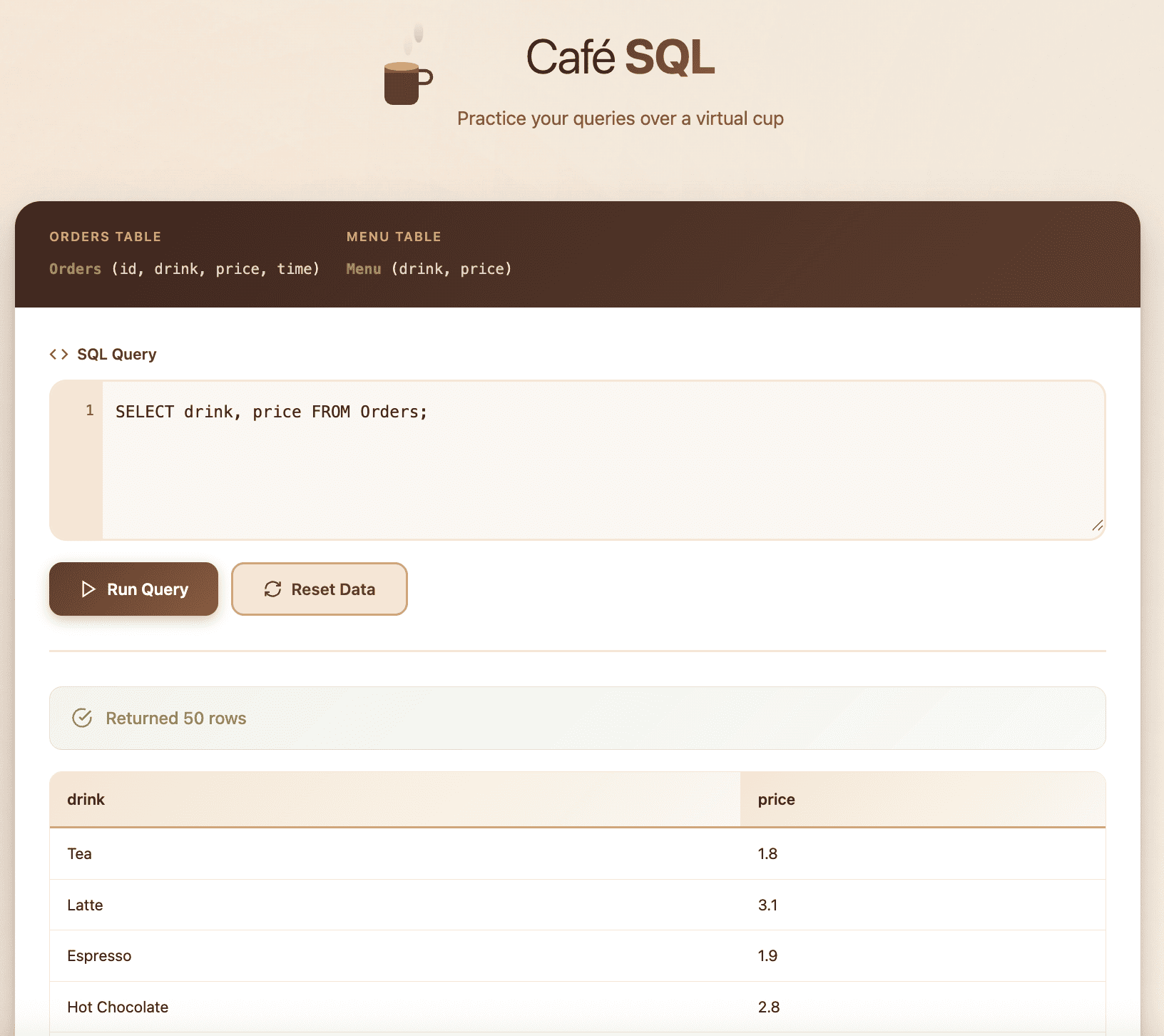 Café SQL app running SELECT drink, price FROM Orders, returning 50 rows showing only the drink and price columns