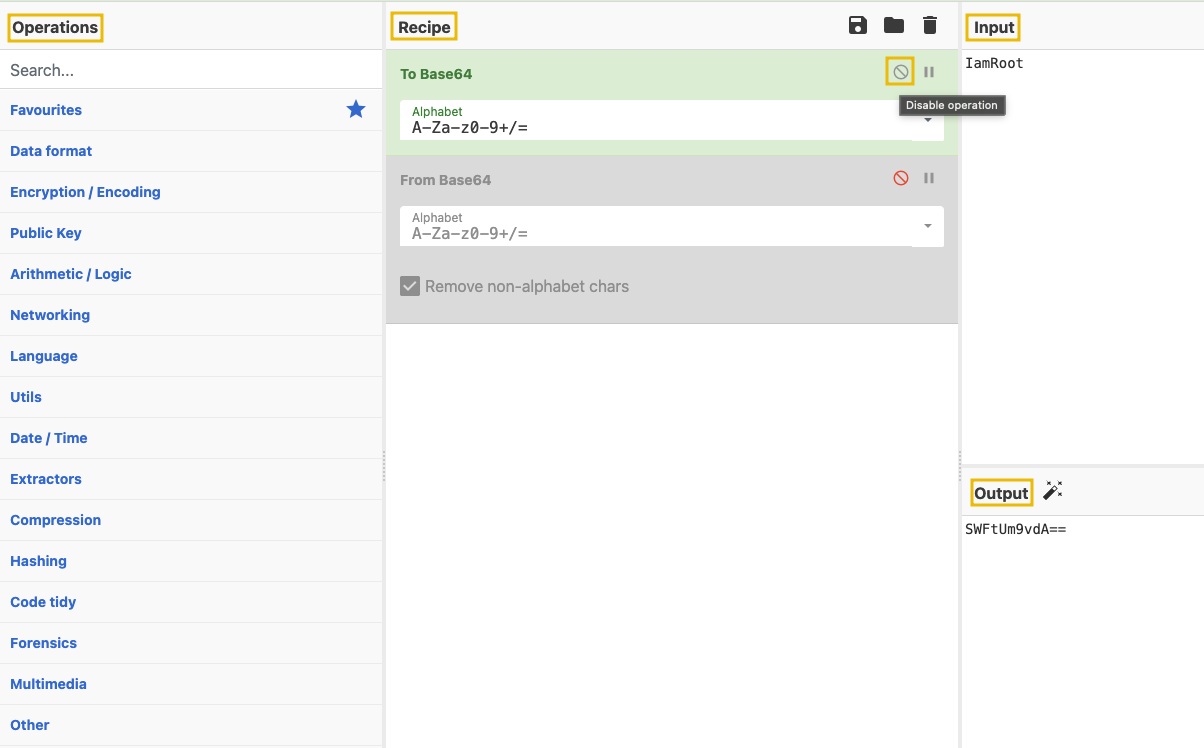 Cyberchef simple example of how to encode an input in Base64.