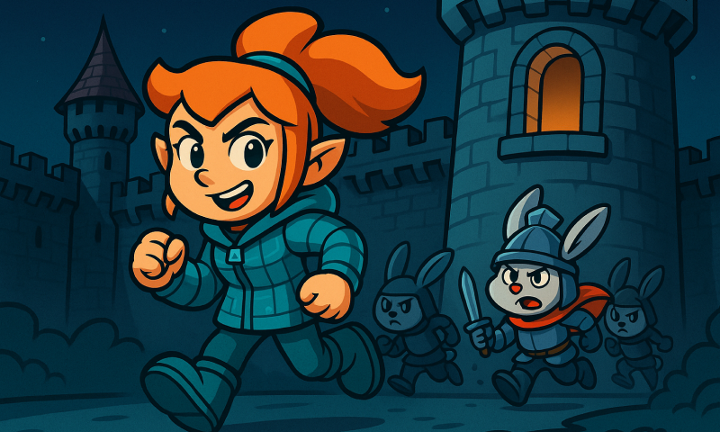 Shows McSkidy escaping from the castle cased by bunny guards