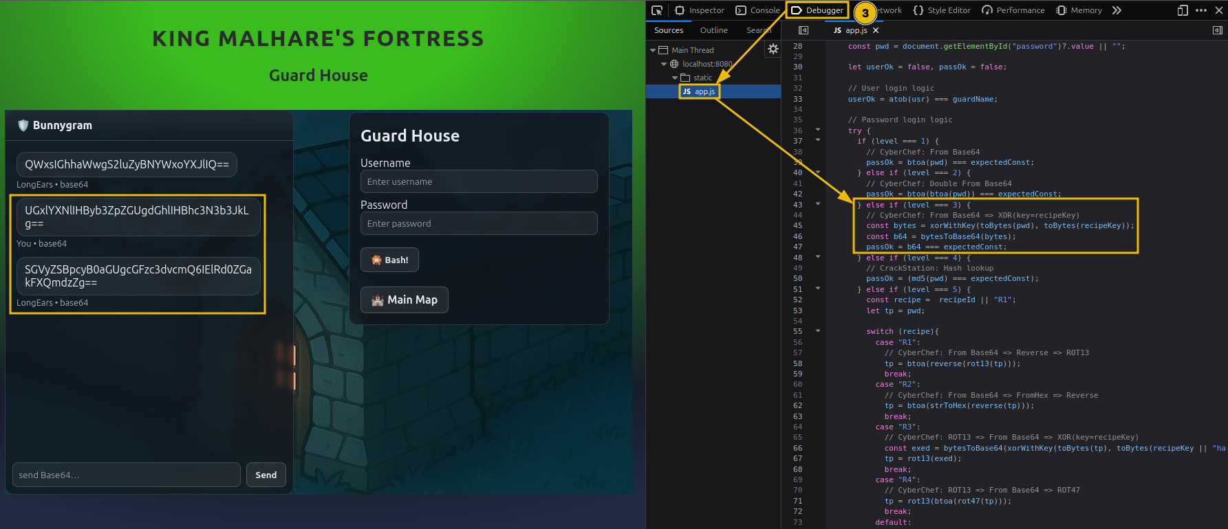 Shows the third lock login logic: XOR with key and then encode Base64