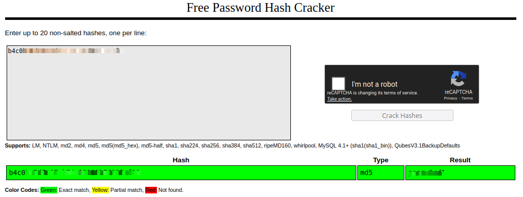 Shows Crackstation with the hash input and decoded password