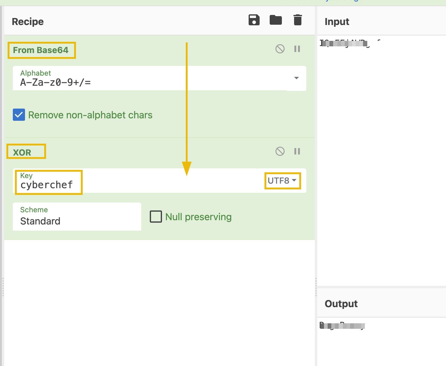 Shows the recipe for reversing the encoding: From64 and XOR with key
