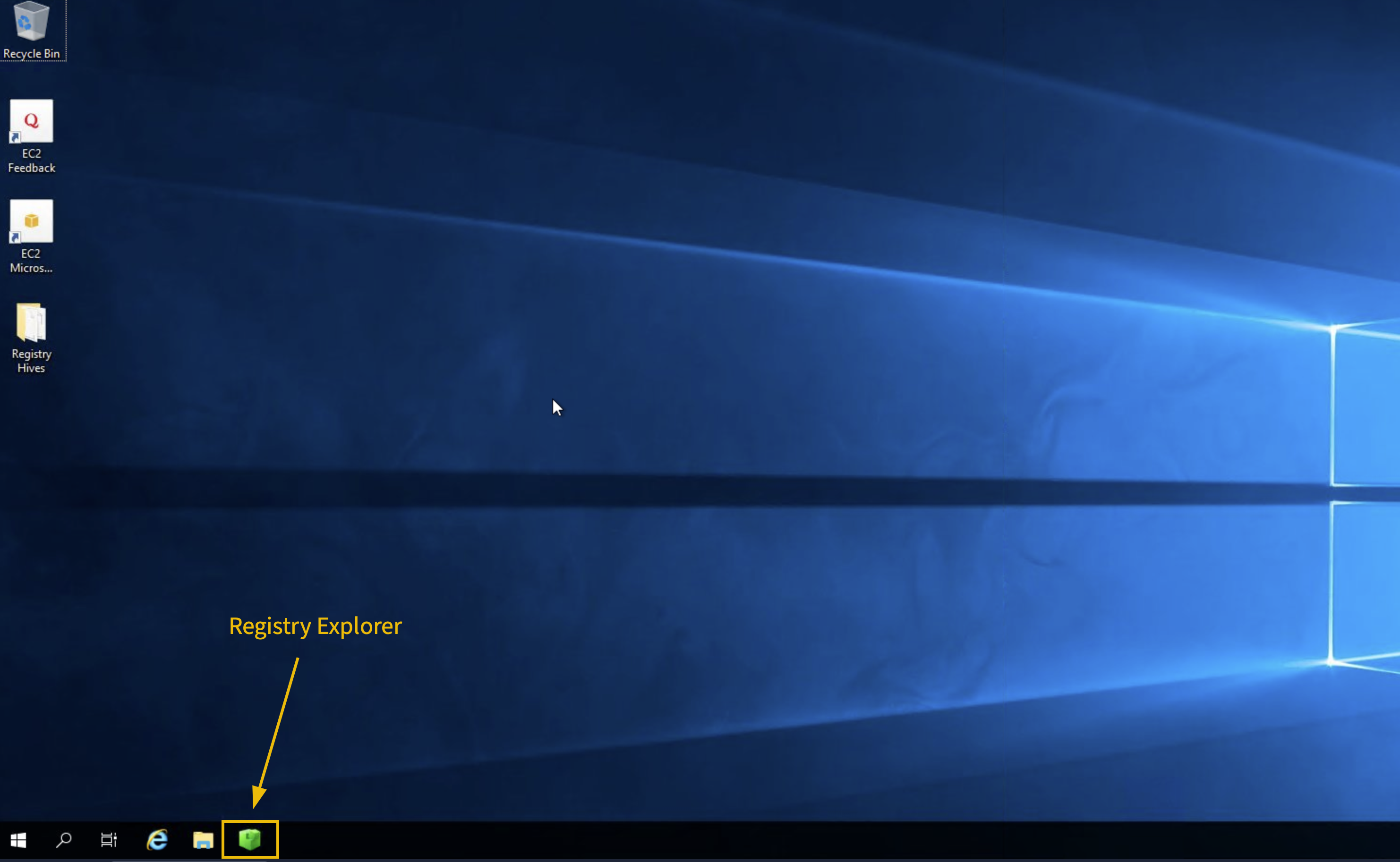 Windows Desktop screenshot highlighting the location of Registry Explorer tool in the taskbar.