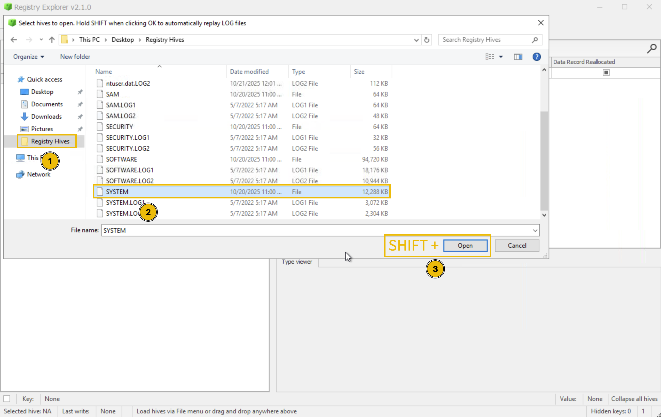 Screenshot showing the process of loading offline registry hives in the registry explorer tool.
