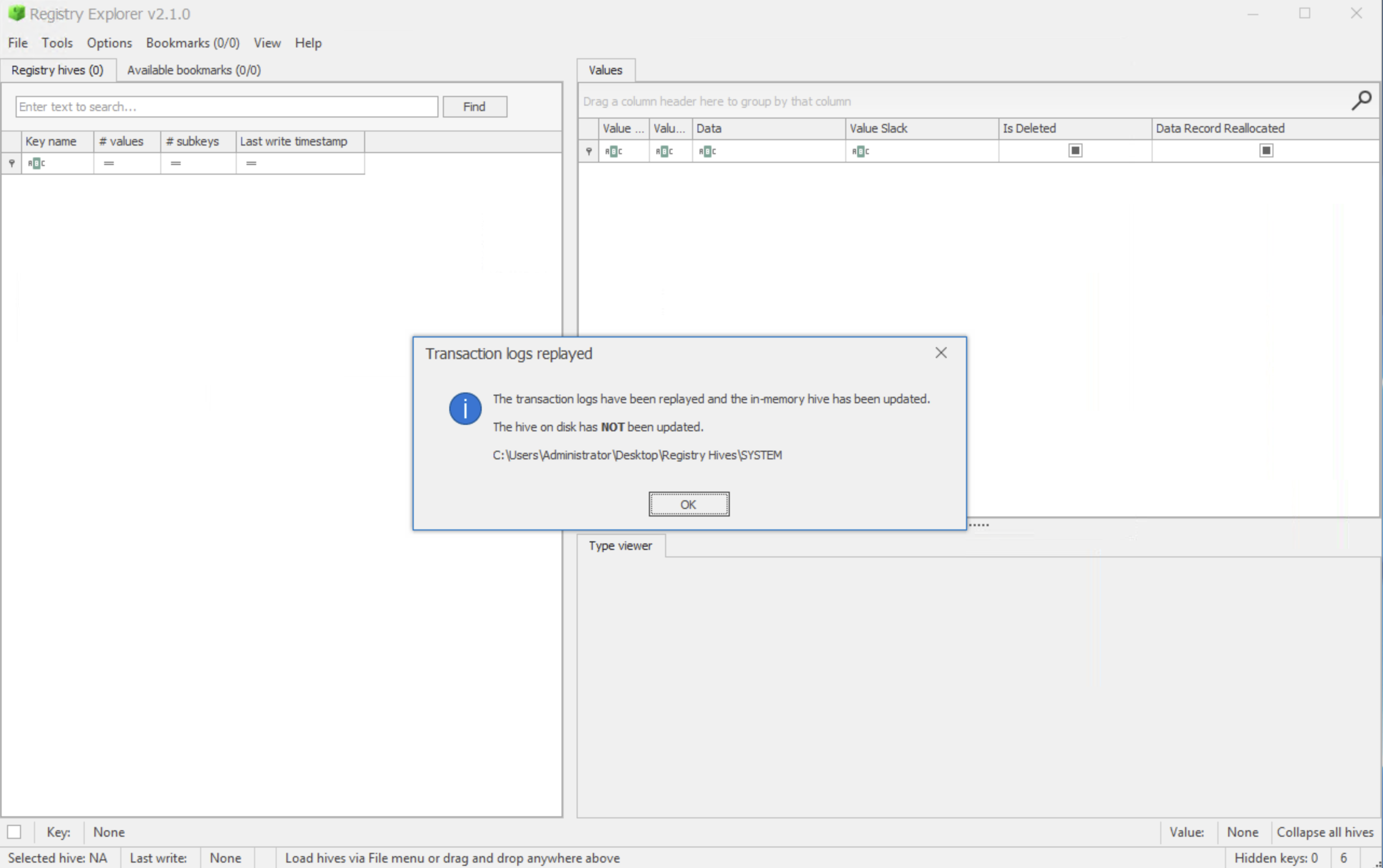 Registry Explorer screenshot showing the "transcation logs replayed" prompt.