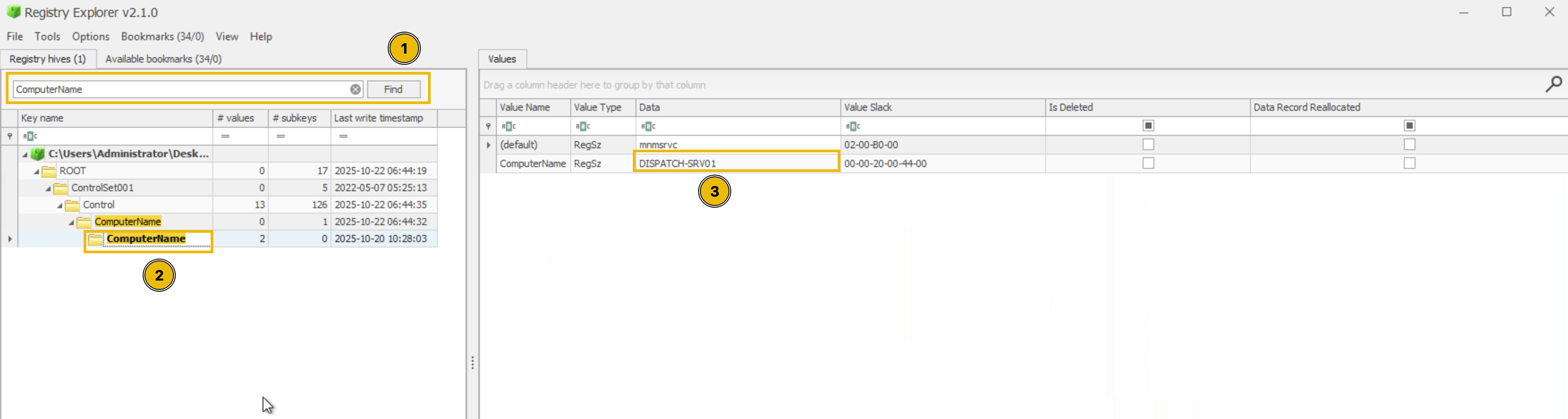 Registry Editor screenshot showing the navigation to the resgitry key that has the information of the computer's name.