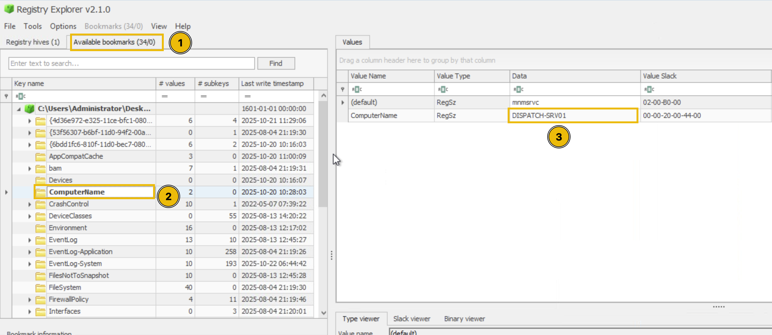 Registry Editor screenshot showing the resgitry key that has the information of the computer's name.