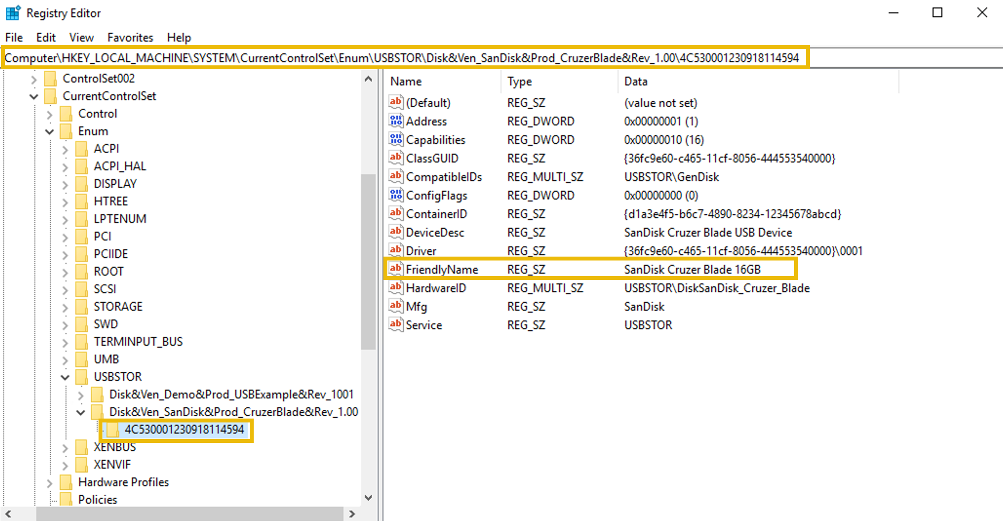 Registry Editor screenshot showing the resgitry key that has the information of the USBs that have been attached.