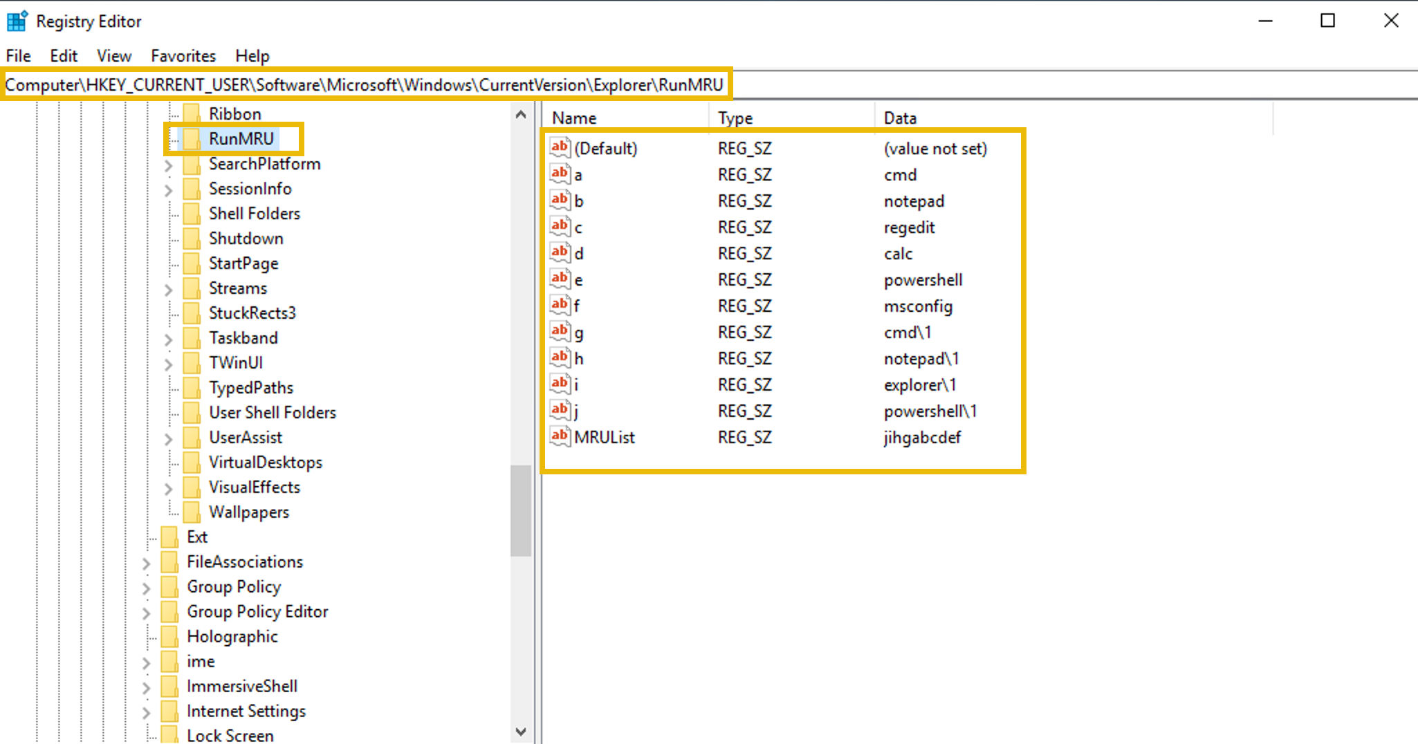 Registry Editor screenshot showing the resgitry key that has the information of the commands typed by the user in the Run Dialog.