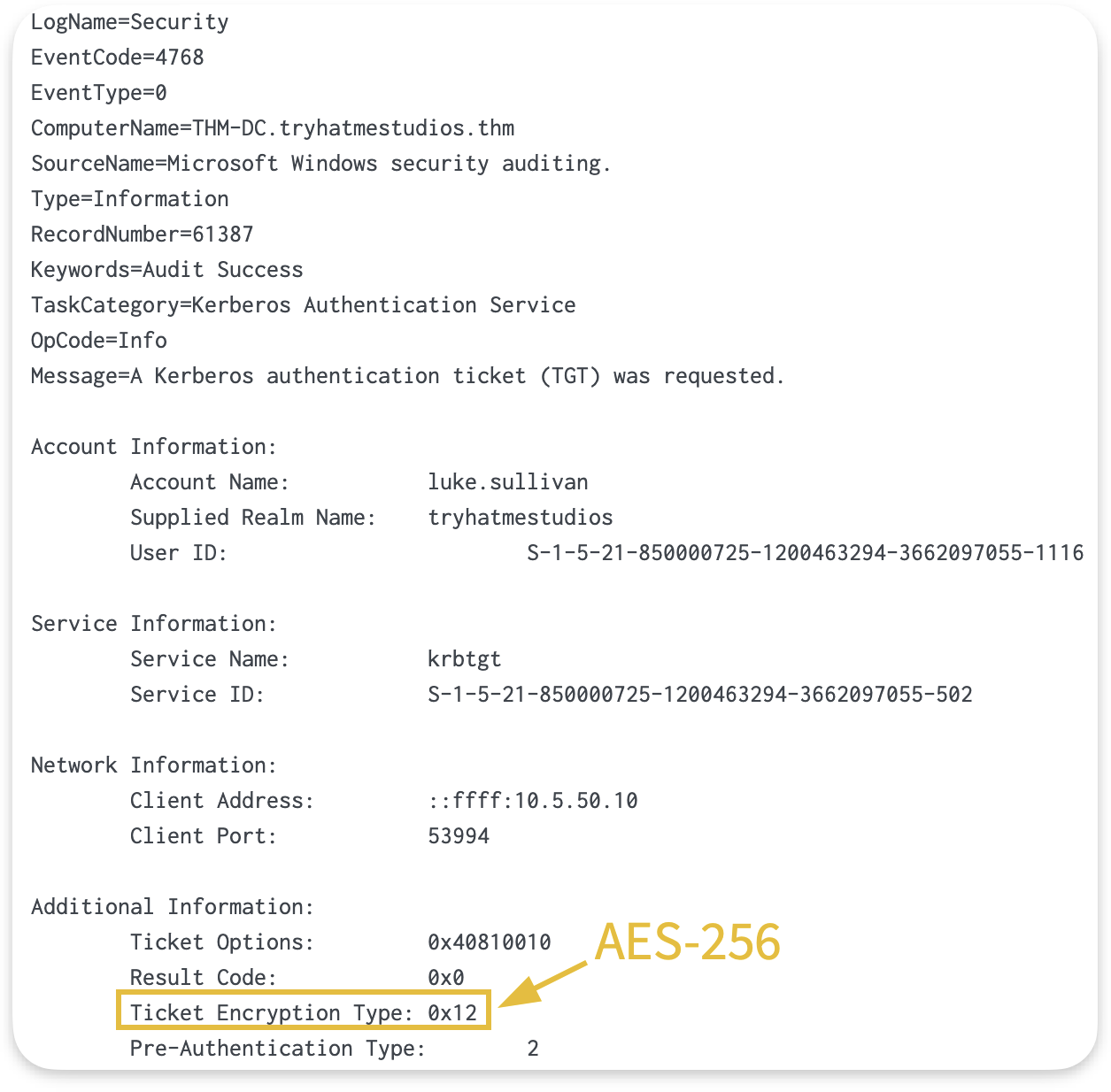 Event 4768 details showing the Ticket Encryption Type field with AES-256 and RC4 values