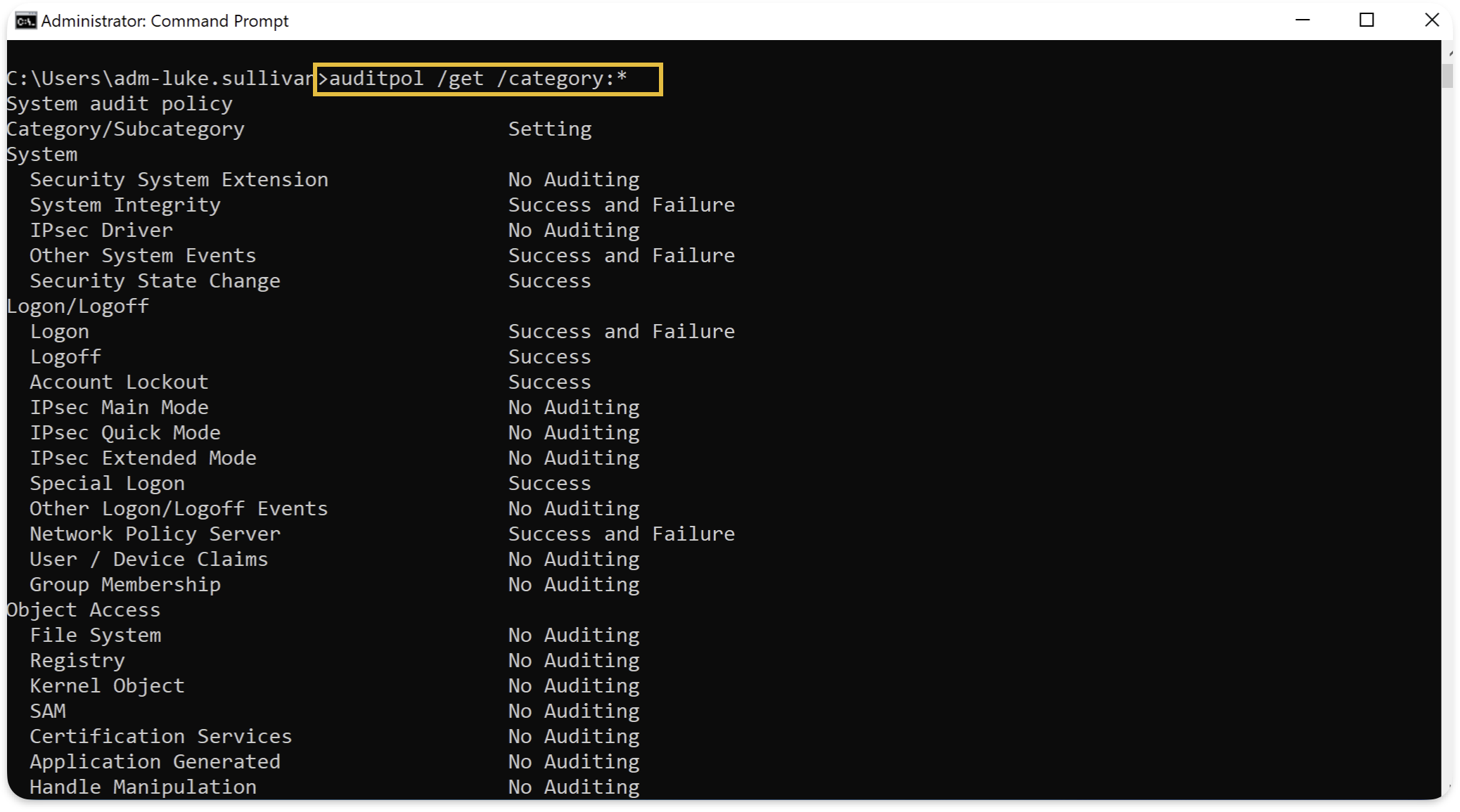 Command output showing all audit policy categories and their current settings