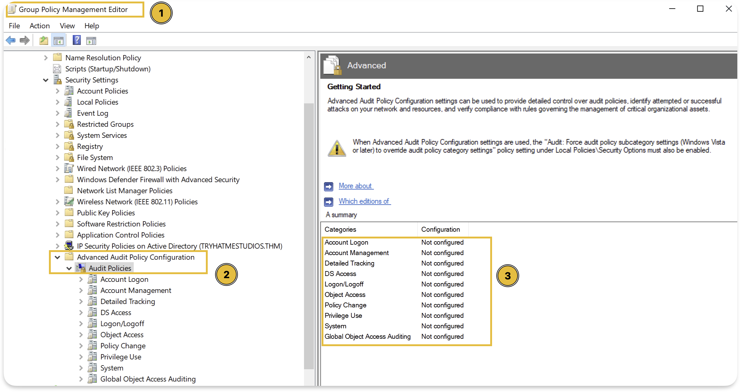 Group Policy Management Editor showing Advanced Audit Policy Configuration