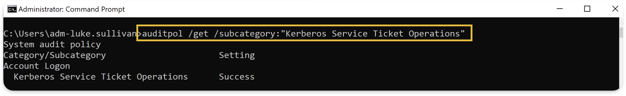 Command output showing the Kerberos Service Ticket Operations subcategory set to Success and Failure