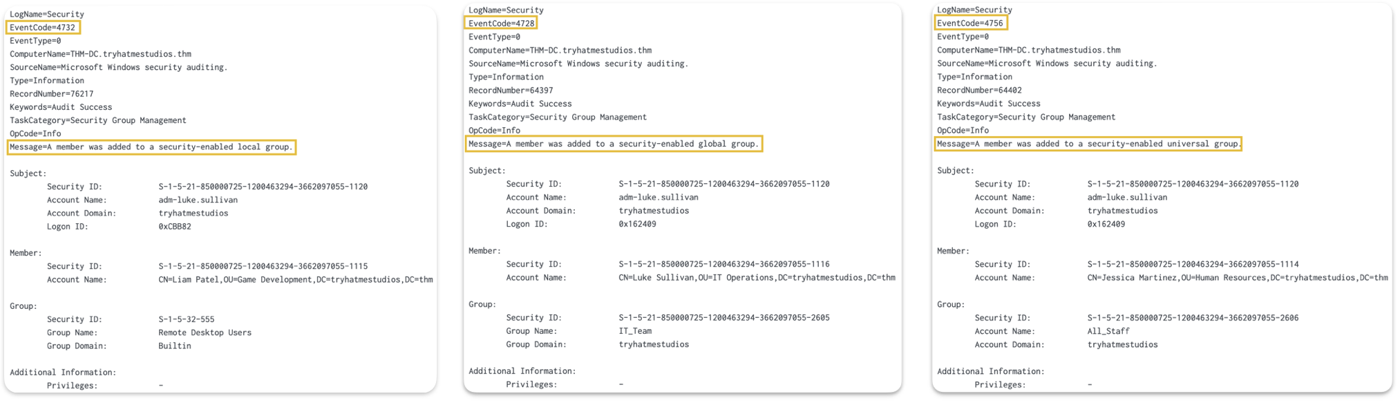 Event viewer showing group membership change details