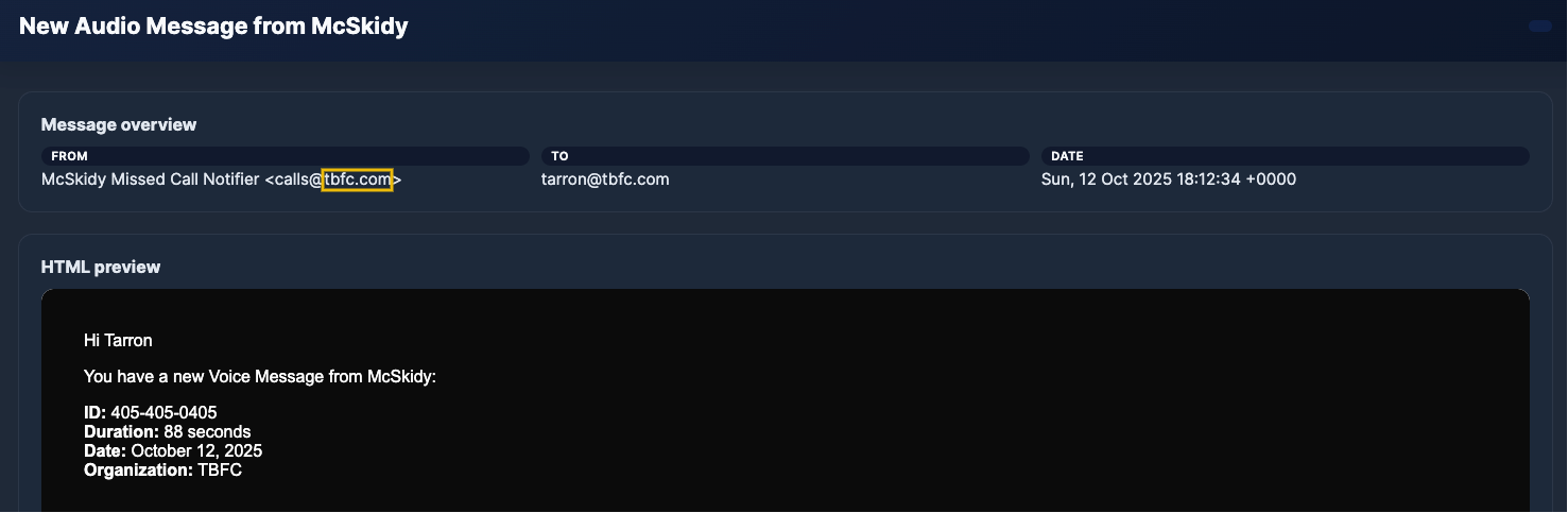 Sample phishing highlighting the spoofed email sender that is impersonating McSkidy.